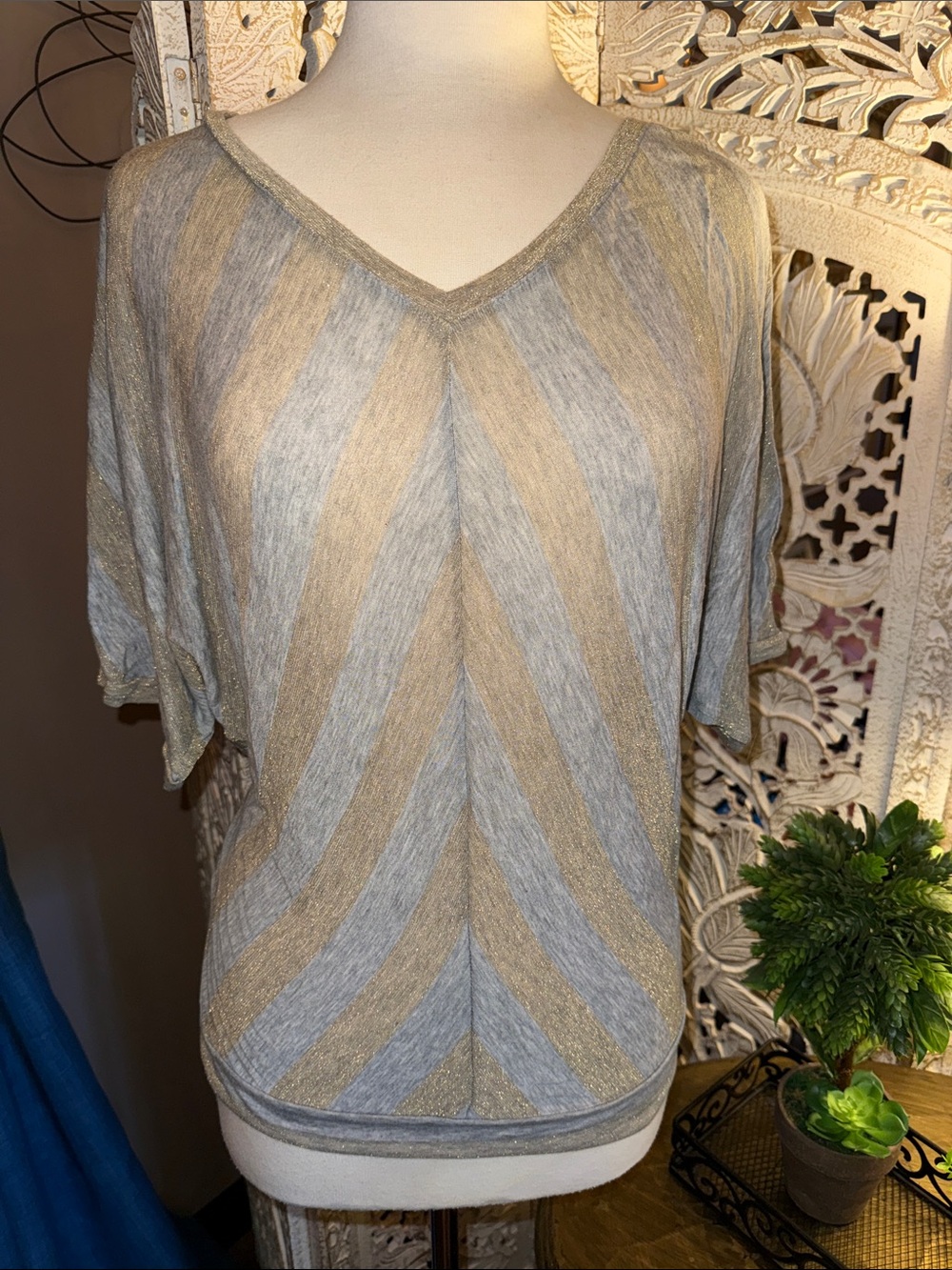 The Limited Metallic Stripe V-Neck Top — Gray & Gold
